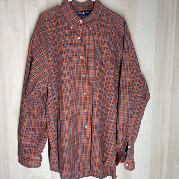 Ralph Lauren orange blue plaid long‎ sleeve button down shirt, size XXL - Picture 3 of 12